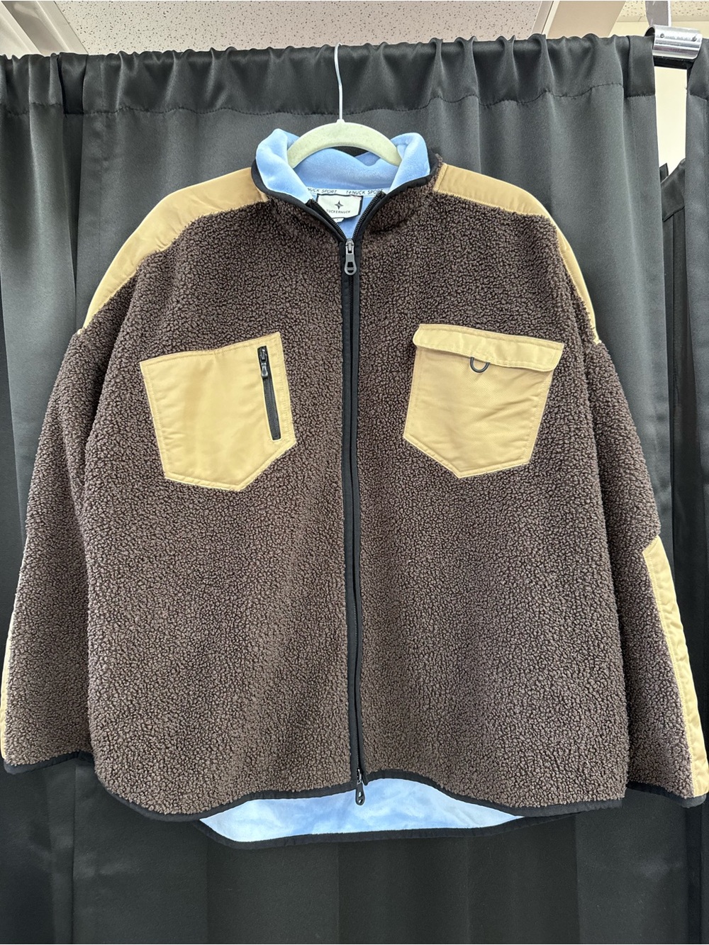 Tuckernuck Brown Sherpa Jacket with Tan Panels and Light Blue Collar